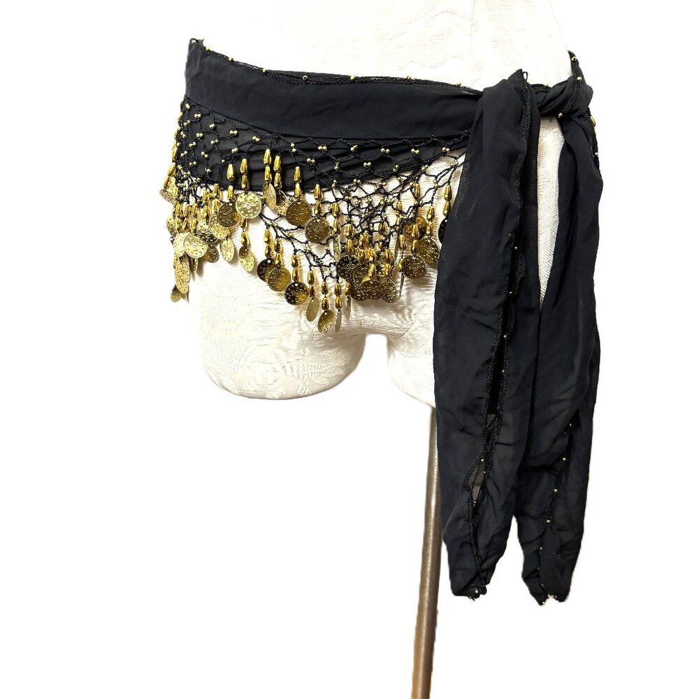 Black Belly Dance Hip Scarf with Two rows of Gold Coins